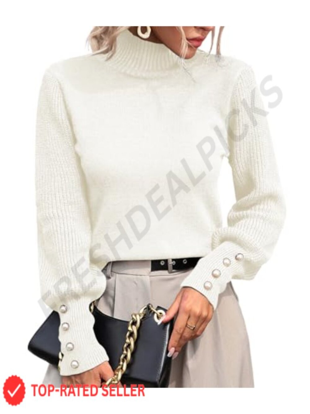 Womens Mock Turtleneck Knit Pullover Sweater Lantern Sleeve